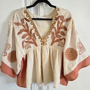Vevert Elegant Embroidered Cream and Orange Blouse